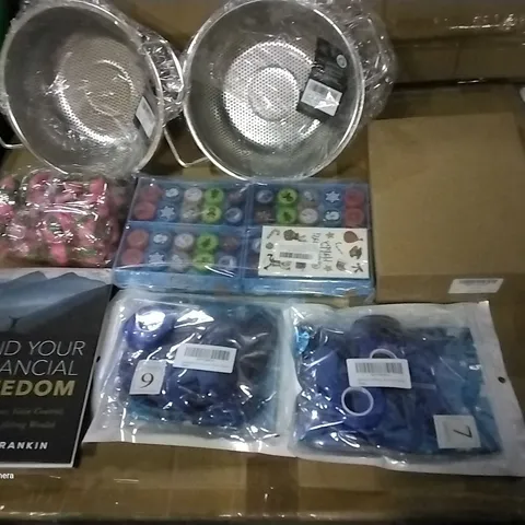 PALLET OF ASSORTED ITEMS INCLUDING LAPTOP STAND, 7TH BIRTHDAY DECORATIONS, FIND YOUR FINANCIAL FREEDOM BOOK, CHRISTMAS STAMP SET, BASICFORM COLANDER, PHONE CASES