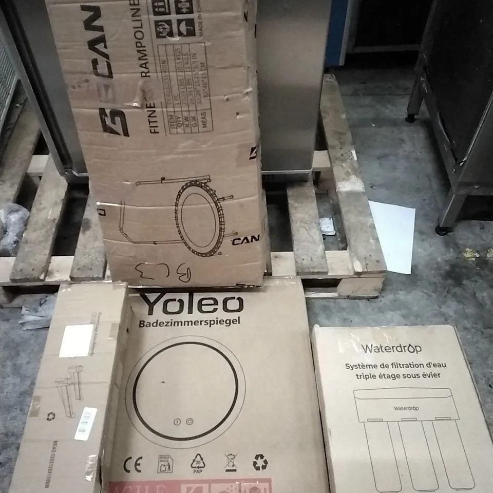 PALLET OF HOUSEHOLD ITEMS TO INCLUDE FITNESS TRAMPOLINE,  POWER CAGE ATTACHMENTS,  MIRROR,  WATERDROP FILTRATION SYSTEM  AND OTHER ASSORTED ITEMS...
