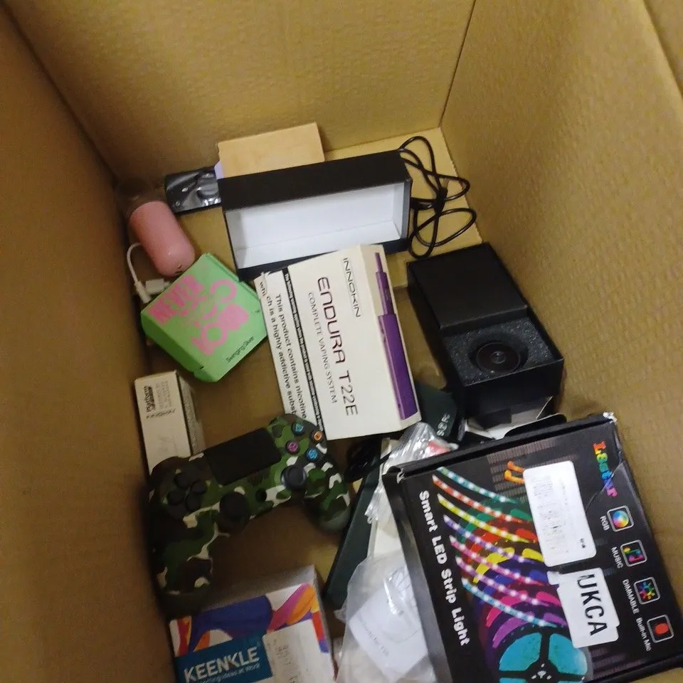 BOX OF APPROXIMATELY 5 ASSORTED ITEMS TO INCLUDE E-CIG, GAMING CONTROLLER, LED STRIPS ETC