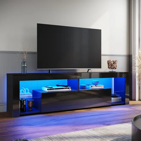 BOXED ELEGANT 180cm TV STAND CABINET UNIT WITH 16 RGB LED LIGHTS FOR UP TO 75" TV - BLACK (1 BOX)