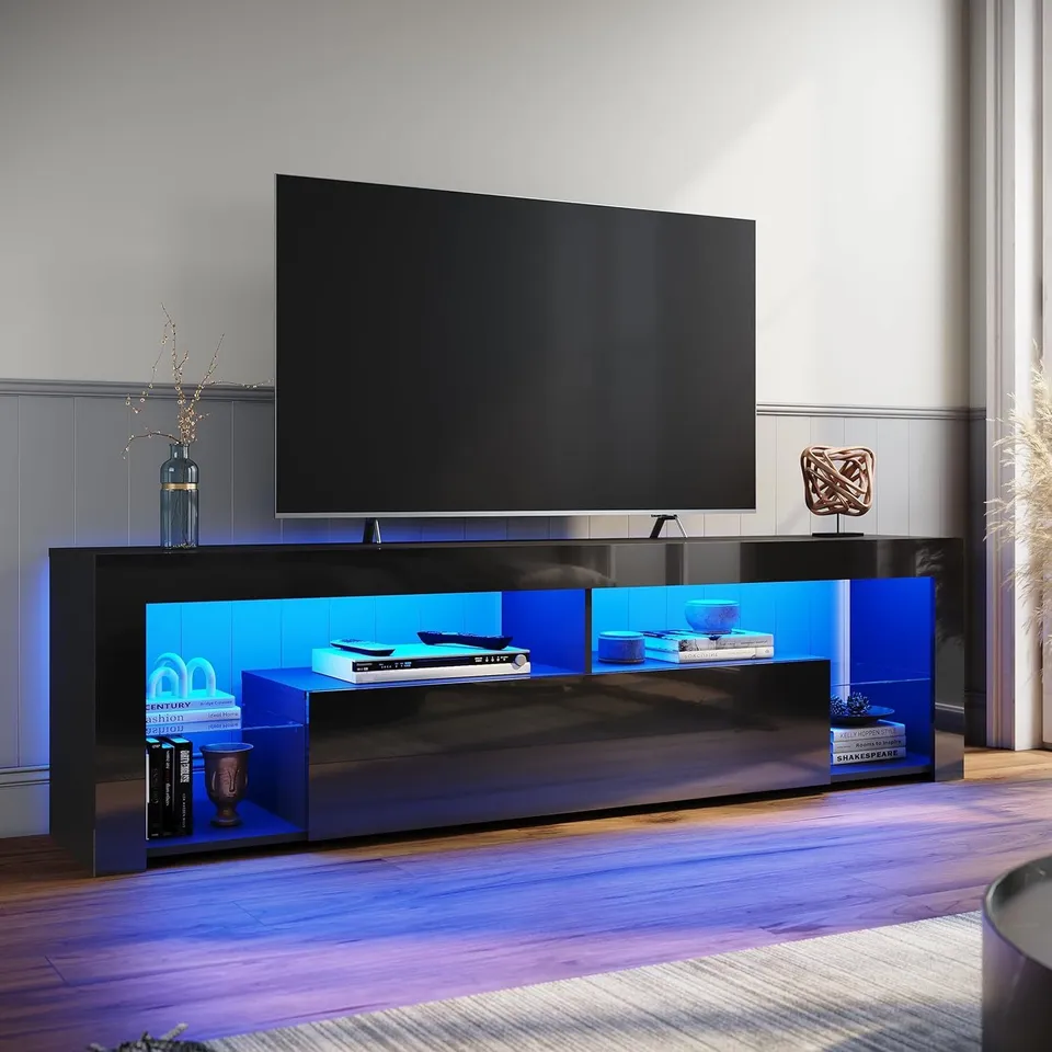 BOXED ELEGANT 180cm TV STAND CABINET UNIT WITH 16 RGB LED LIGHTS FOR UP TO 75" TV - BLACK (1 BOX)