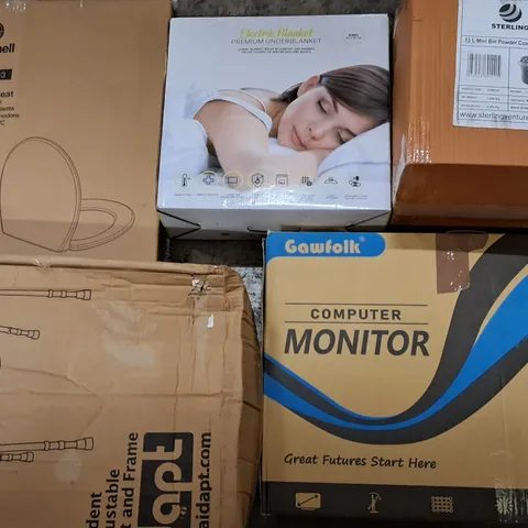 PALLET OF ASSORTED HOUSEHOLD ITEMS TO INCLUDE AIDAPT TOILET SEAT, COMPUTER MONITOR AND HEATED UNDERBLANKET