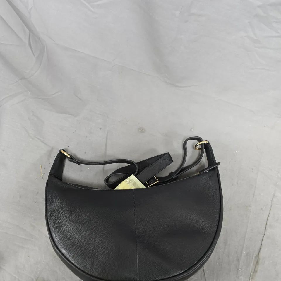 BLACK LEATHER CRESCENT CROSSBODY BAG WITH GOLD-TONE HARDWARE – ADJUSTABLE STRAP 