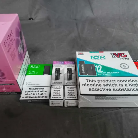 APPROXIMATELY 15 ASSORTED E-CIGARETTE AND VAPE PRODUCTS TO INCLUDE ELFBAR, IVG, JUUL2 ETC 
