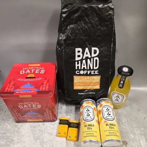 APPROXIMATELY 10 ASSORTED FOOD/DRINK PRODUCTS TO INCLUDE BAD HAND COFFEE, DATES, BUBBLE TEA ETC 