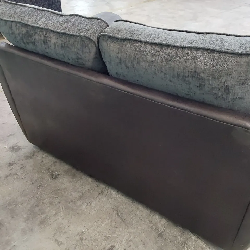 DESIGNER TWO SEATER SOFA BLACK FAUX LEATHER & CHARCOAL FABRIC 