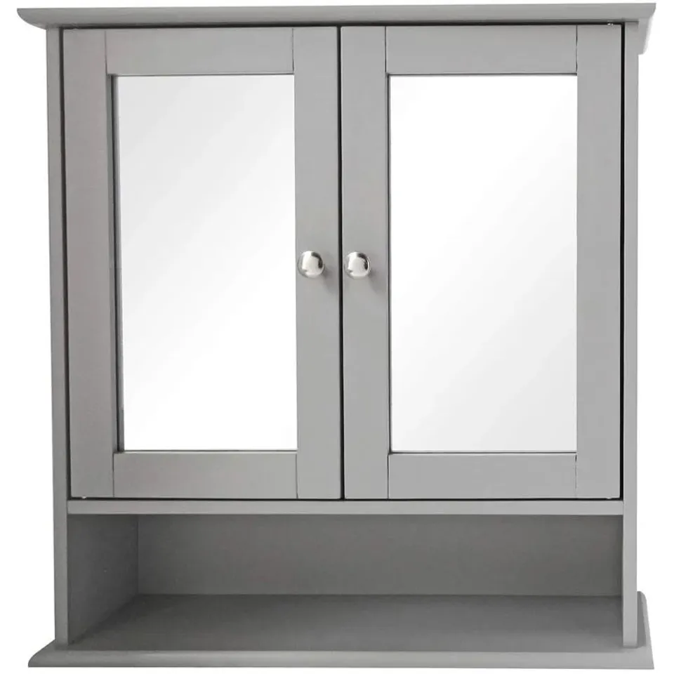 BOXED WOODEN SINGLE DOUBLE DOOR MIRRORED BATHROOM CABINET - GREY