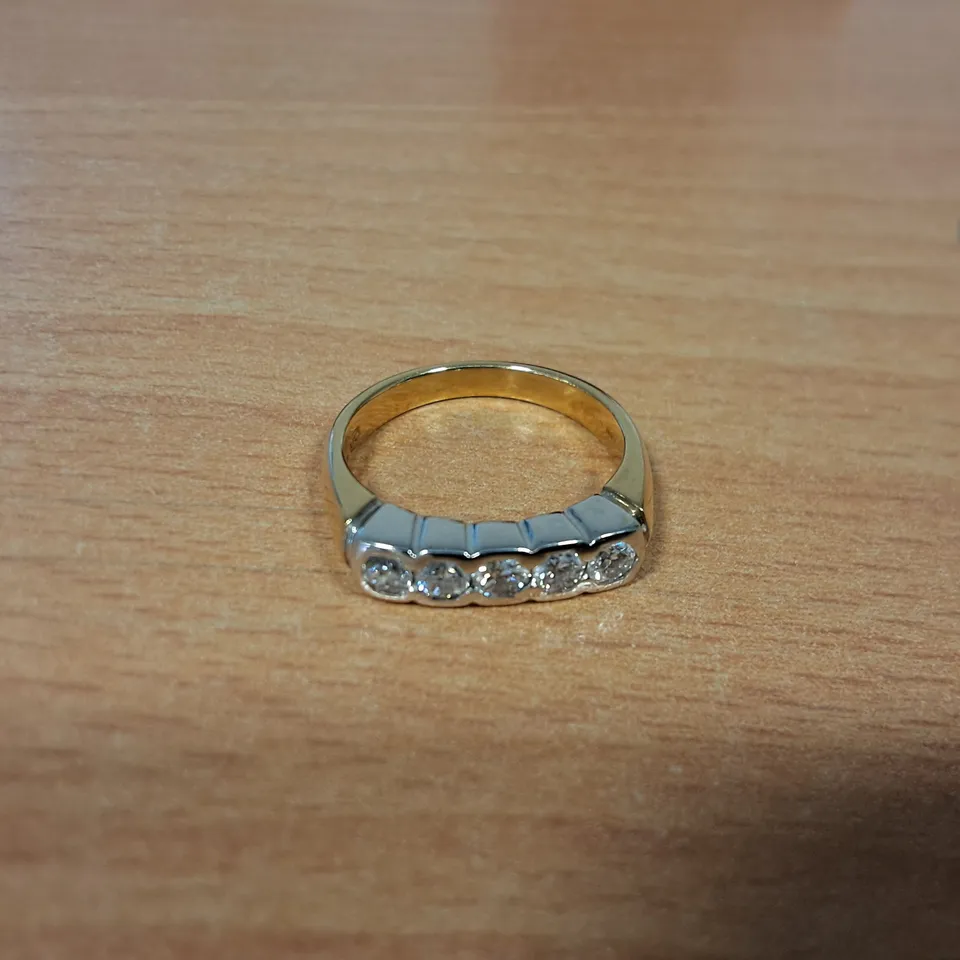 18CT GOLD FIVE STONE HALF ETERNITY RING RUB-OVER SET WITH NATURAL DIAMONDS