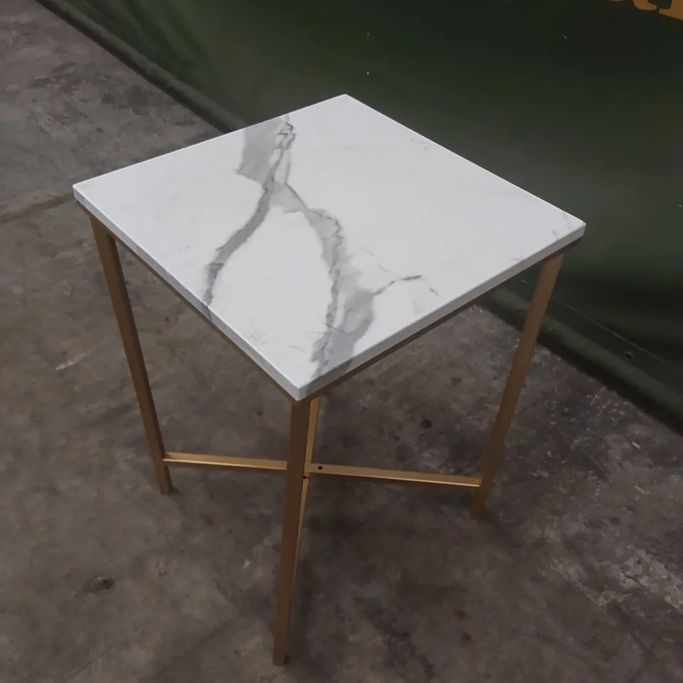 DESIGNER SIDE TABLE - WHITE FAUX MARBLE EFFECT & GOLD