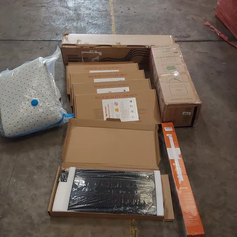 PALLET OF ASSORTED ITEMS INCLUDING: A LARGE QUANTITY OF LED SIGNS, LUXURY SHOWER PANEL, ARTIFICIAL CHRISTMAS TREE, RETRACTABLE GATE, RUG ECT