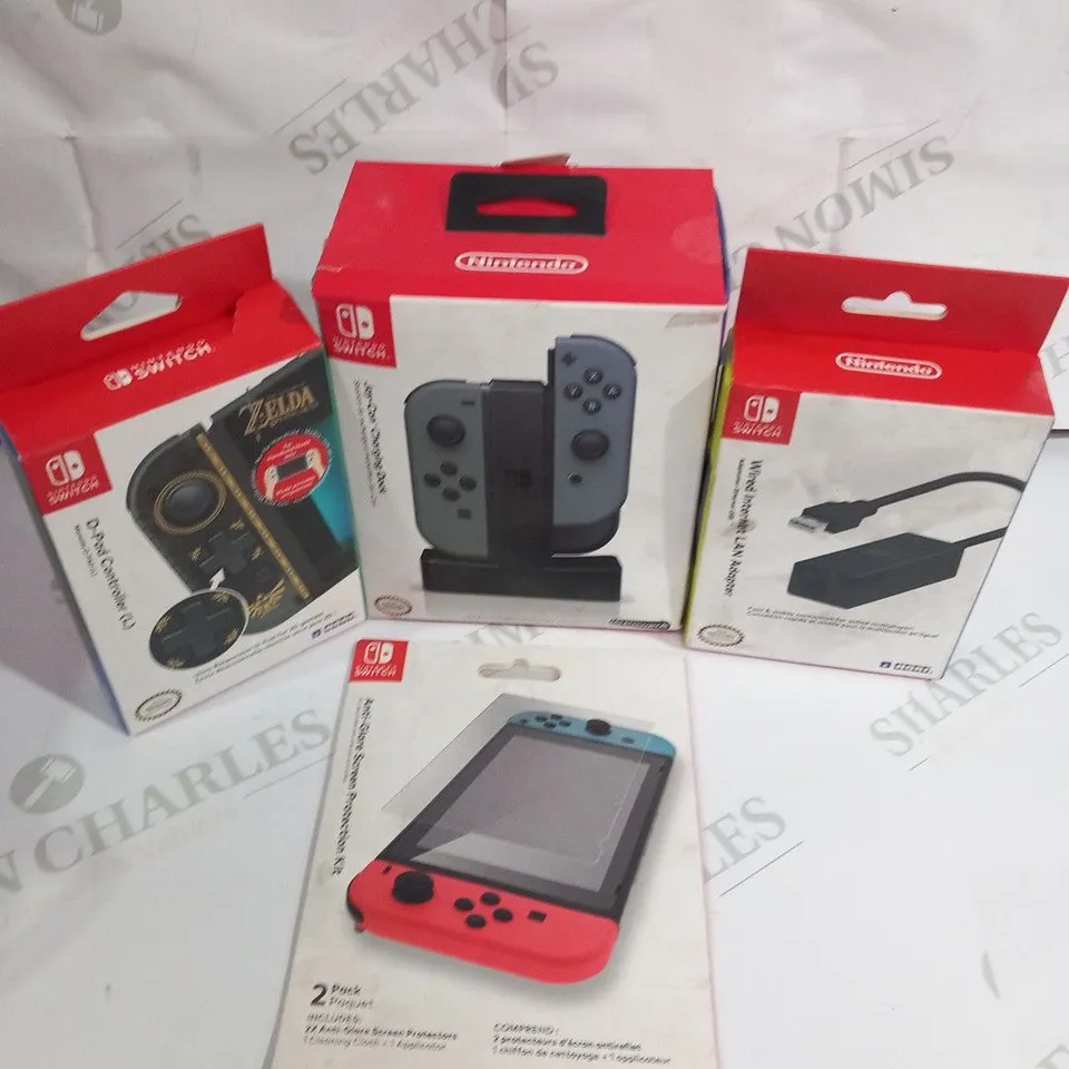 4 ASSORTED NINTENDO SWITCH ACCESSORIES TO INCLUDE; JOY CON CHARGING DOCK, D PAD CONTROLLER, WIRED INTERNET LAN ADAPTER AND ANTI GLARE SCREEN PROTECTION KIT