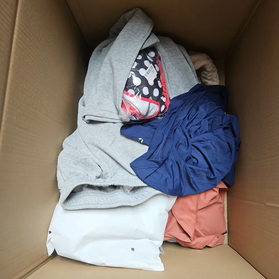 BOX OF APPROXIMATELY 20 ASSORTED CLOTHING ITEMS TO INCLUDE - DRESS SHIRTS - DRESSES - SKIRT - ETC