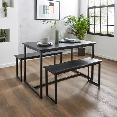 BOXED RONAN 4 SEATER WAVE EDGE DINING TABLE AND BENCH SET - BLACK (1 BOX)