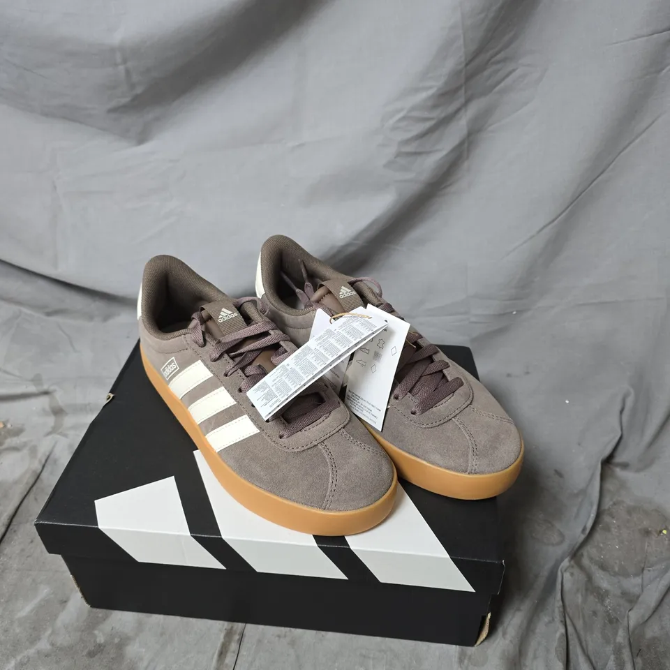 ADIDAS SUEDE TRAINERS – BROWN/TAUPE WITH WHITE STRIPES UK 6