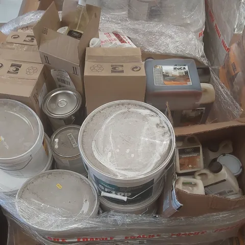 PALLET CONTAINING A VERY LARGE QUANTITY OF ASSORTED BUILDING SUPPLIES INCLUDING: HIGH TEMPERATURE ADHESIVE, READY MIXED RAPID DRYING MULTI-PURPOSE PRIMER, OIL REFRESHING SOAP, WOCA MASTER FLOOR OIL EC