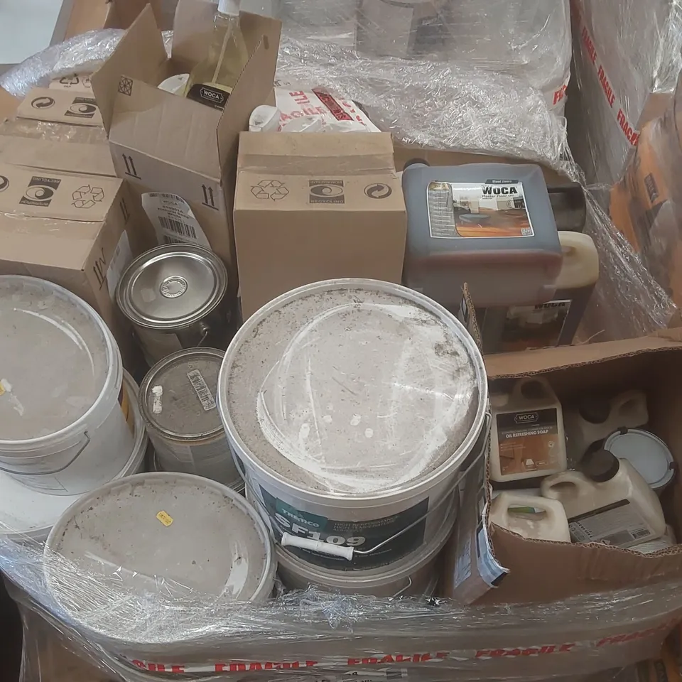 PALLET CONTAINING A VERY LARGE QUANTITY OF ASSORTED BUILDING SUPPLIES INCLUDING: HIGH TEMPERATURE ADHESIVE, READY MIXED RAPID DRYING MULTI-PURPOSE PRIMER, OIL REFRESHING SOAP, WOCA MASTER FLOOR OIL EC