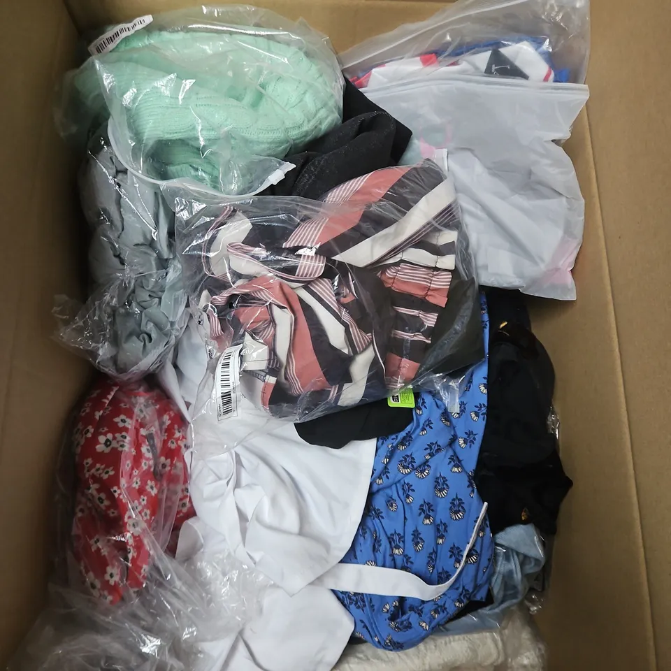 BOX OF APPROXIMATELY 20 ASSORTED CLOTHING ITEMS TO INCLUDE DRESS, PYJAMAS, TOPS, ETC