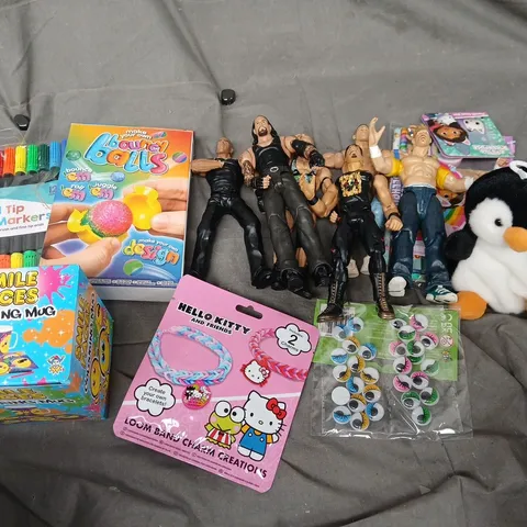 APPROXIMATELY 12 ASSORTED TOYS & GAMES TO INCLUDE WRESTLING FIGURES, DUAL TIP FELT-TIO MARKERS, PENGUIN PALM PALS, ETC