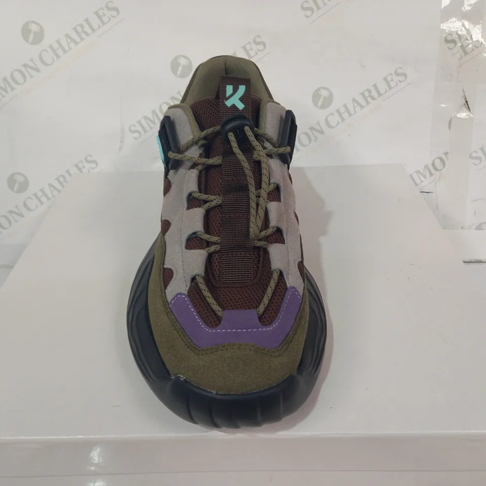 BOXED PAIR OF KOI VEGAN SHOES IN GREEN/GREY/BROWN/PURPLE SIZE UNSPECIFIED