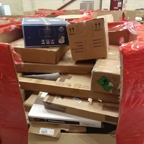 PALLET OF ASSORTED HOUSEHOLD GOODS AND PRODUCTS TO INCLUDE; TOILET SEATS, BOXED FURNITURE ETC