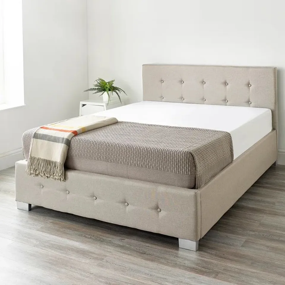 BOXED CADDO FABRIC UPHOLSTERED OTTOMAN BED FRAME - KING SIZE, NATURAL (2 BOXES)