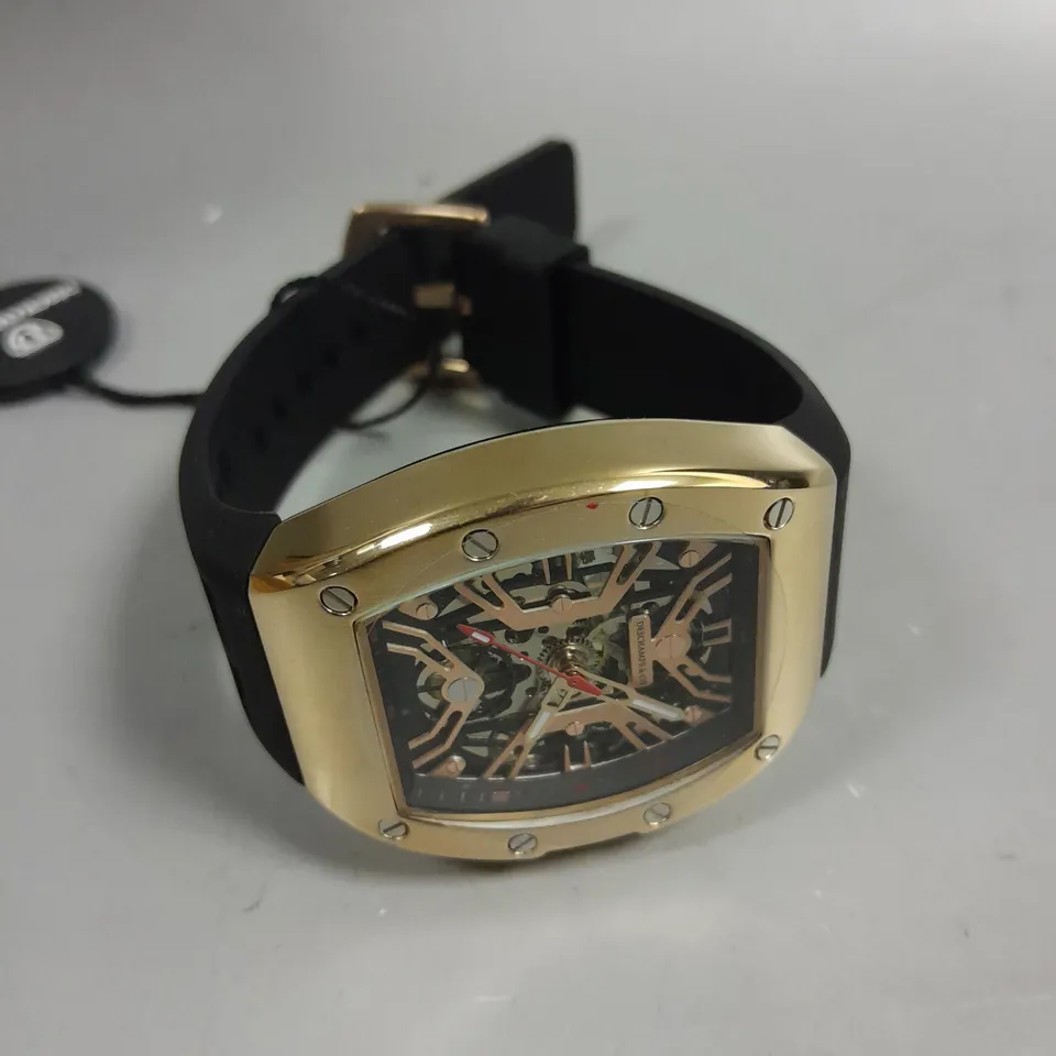 MENS AUTOMATIC DESCHAMPS & CO WATCH – SKELETON DIAL – GLASS EXHIBITION BACK CASE – RUBBER STRAP