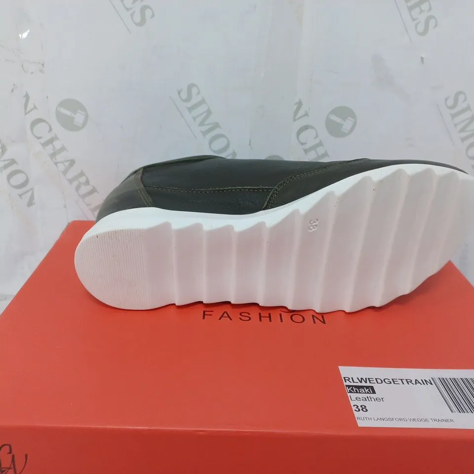 BOXED PAIR OF RUTH LANGSFORD WEDGE TRAINERS IN KHAKI SIZE 5