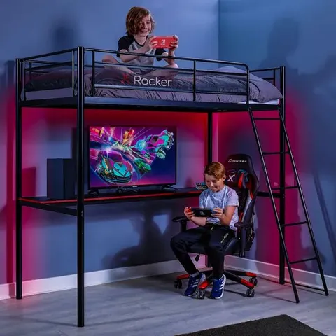 BOXED X-ROCKER HQ GAMING BUNK BED WITH LARGE DESK KIDS LOFT HIGH SLEEPER 3FT SINGLE - BLACK (2 BOXES)