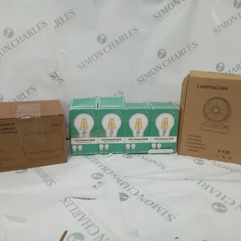 APPROXIMATELY 20 ASSORTED ITEMS TO INCLUDE AROMA DIFFUSER, LED FILAMENT BULBS, CAMPING FAN ETC.
