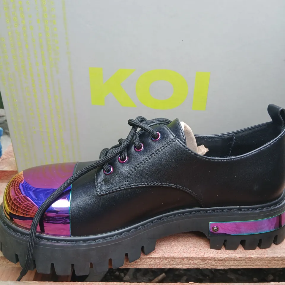KOI SHELOB RAINBOW METAL TOE CAP LACE-UP SHOES, BLACK – UK 6