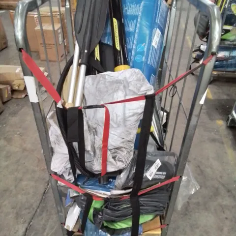CAGE OF UNTESTED ASSORTED INFLATABLE KAYAKS AND ACCESSORIES