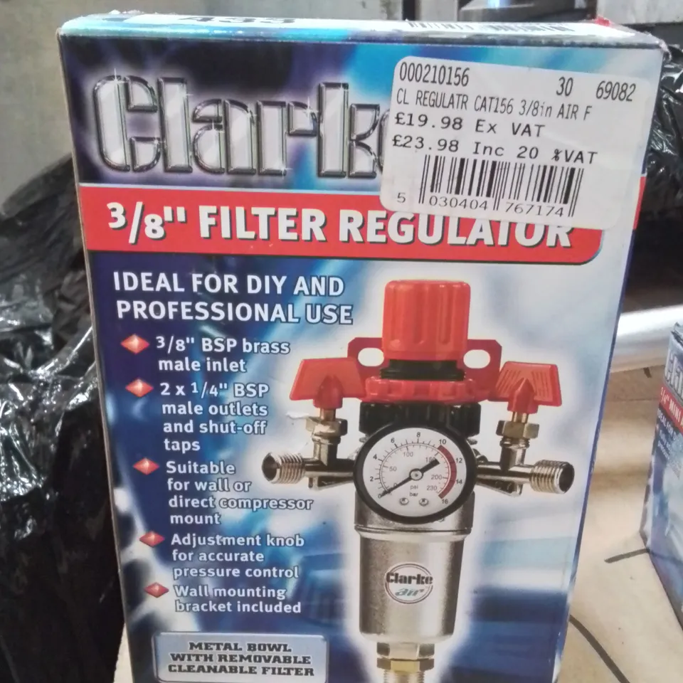 BOXED CLARKE 3/8IN FILTER REGULATOR WITH GAUGE – CAT156 (INLET 3/8IN BSP; 2X 1/4IN BSP OUTLETS)