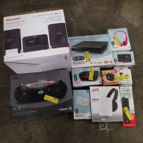 PALLET CONTAINING ASSORTED ELECTRICAL PRODUCTS INCLUDING BLUETOOTH CD BOOMBOX, HI-FI MICRO SYSTEM, HDMI DVD PLAYER, FM ALARM CLOCK, HEADPHONES & UNIVERSAL REMOTE 