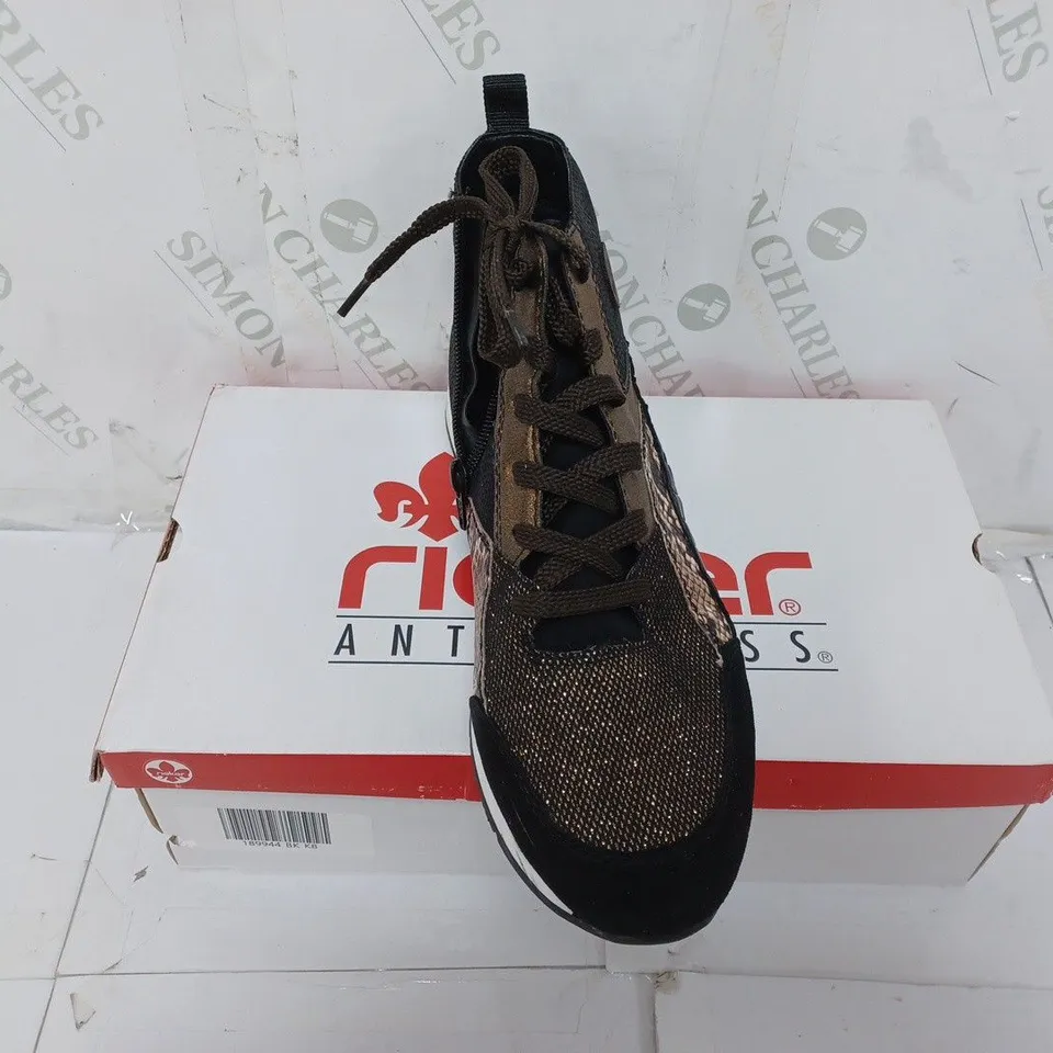 BOXED PAIR OF RIEKER HIGH TOP BOOTS IN BLACK - SIZE 8