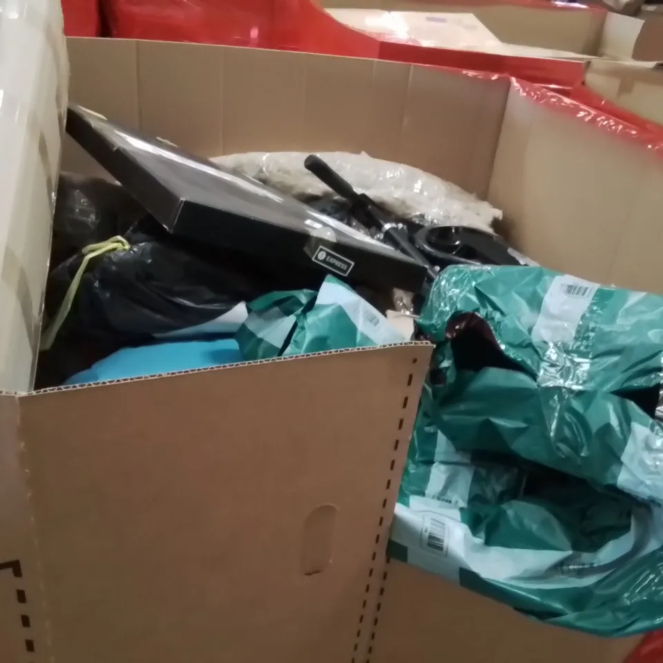 PALLET OF ASSORTED HOUSEHOLD GOODS AND PRODUCTS TO INCLUDE;RAKE,RESISTANCE BANDS,CEILING FAN WITH LIGHT