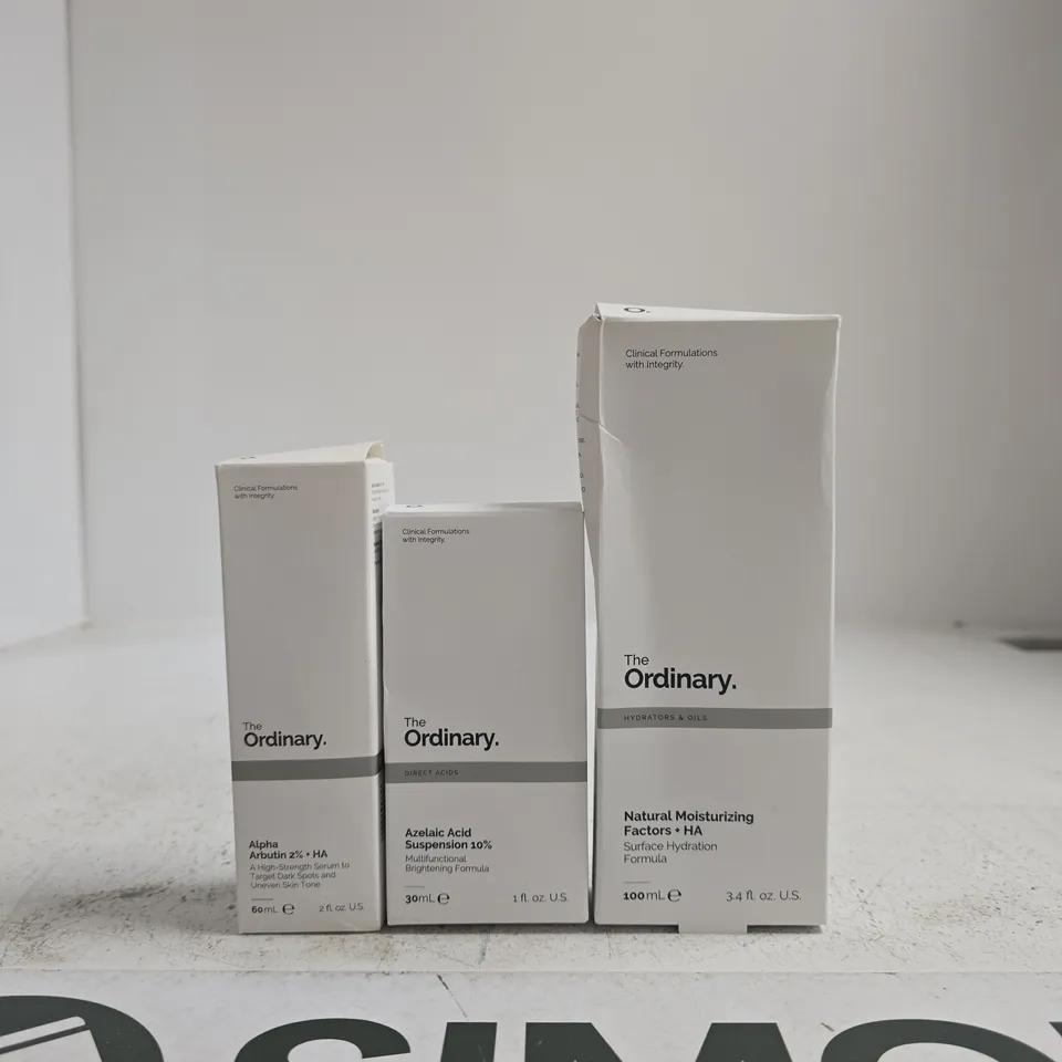 THE ORDINARY SKINCARE TRIO: ALPHA ARBUTIN 2% + HA, AZELAIC ACID SUSPENSION 10%, NATURAL MOISTURIZING FACTORS + HA