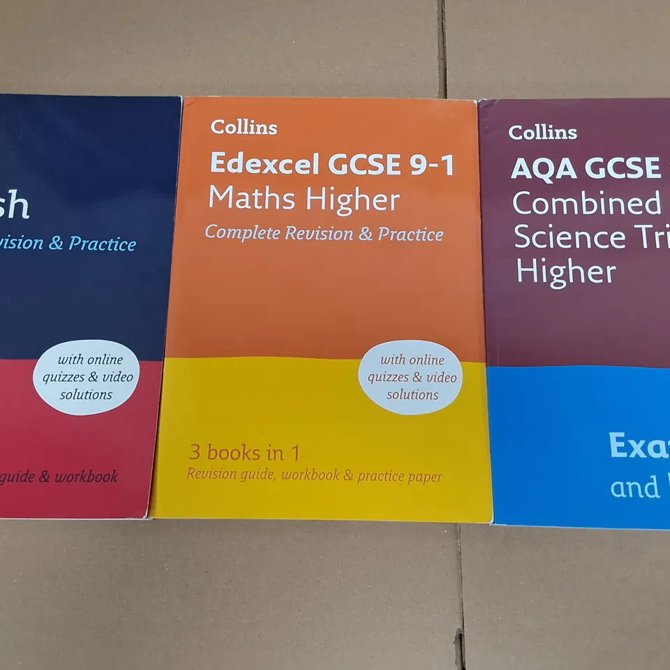 LOT OF 3 ASSORTED COLLINS EDUCATIONAL BOOKS INCLUDES ENGLISH, SCIENCE AND MATHS