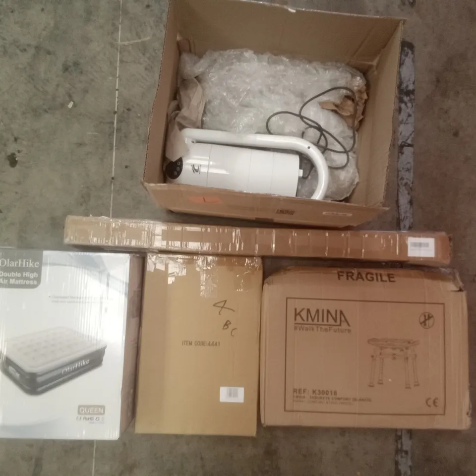 PALLET OF ASSORTED ITEMS INCLUDING KMINA COMFORT STOOL, OLARHIKE DOUBLE HIGH AIR MATTRESS, ADJUSTABLE PIVOT TABLE, WEDDING DECORATIVE ARCH, OCEAN LOONG TOWER FAN  
