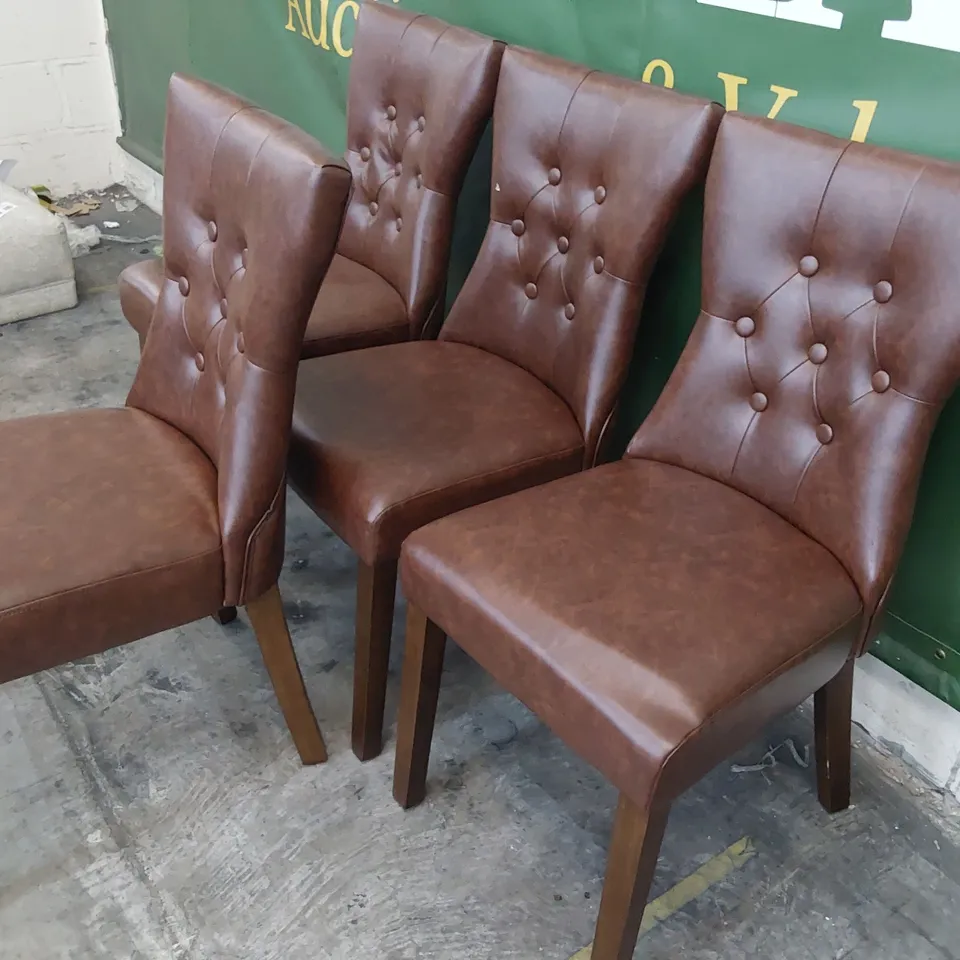 SET OF FOUR BEIGE PLUSH FABRIC UPHOLSTERED DINING CHAIRS BUTTONED BACKS, BROWN PU ON DARK WOOD LEGS