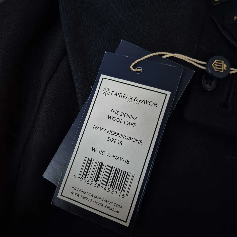 FAIRFAX & FAVOR THE SIENNA WOOL CAPE – NAVY HERRINGBONE, UK 18