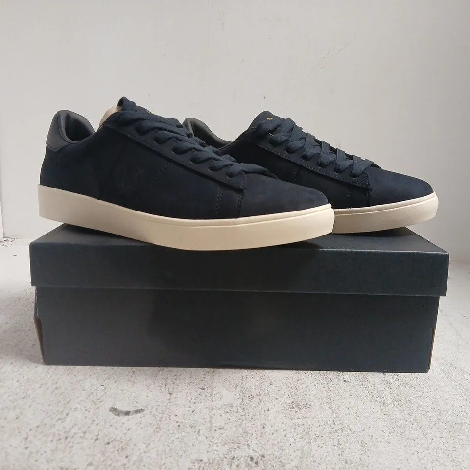 BOXED PAIR OF FRED PERRY SHOES IN NAVY SIZE UK 8