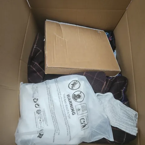 LARGE BOX OF APPROXIMATELY 20 ASSORTED CLOTHING ITEMS IN VARIOUS SIZES, STYLES AND COLOURS
