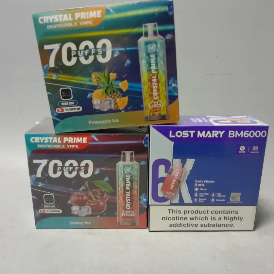 APPROXIMATELY 6 ASSORTED E-CIGARETTE PRODUCTS TO INCLUDE - LSOT MARY , CRYSTAL PRIME 