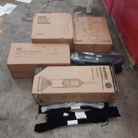 PALLET OF ASSORTED ITEMS INCLUDING: EUREKA VACUUM CLEANER, CEILING FAN LIGHT, DOUBLE STACK AIR FRYER, OFFICE CHAIR, JUICER, INFLATABLE POOLS ECT