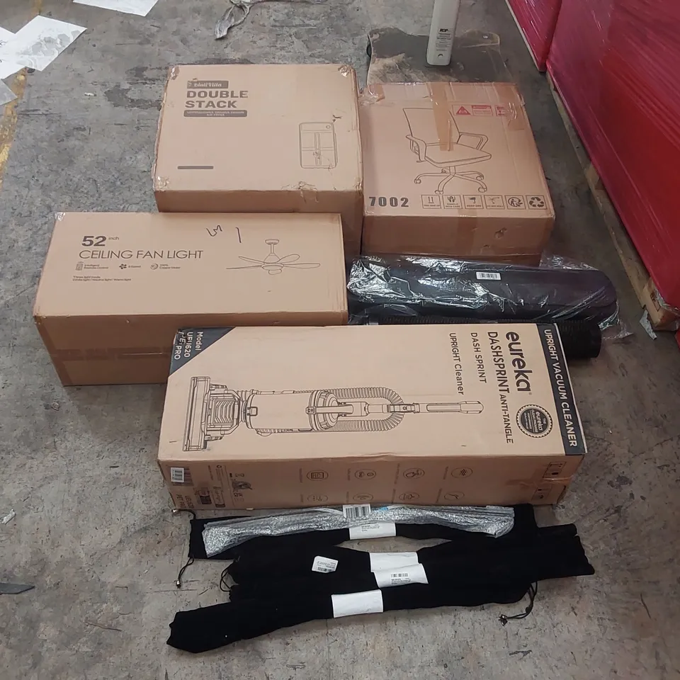 PALLET OF ASSORTED ITEMS INCLUDING: EUREKA VACUUM CLEANER, CEILING FAN LIGHT, DOUBLE STACK AIR FRYER, OFFICE CHAIR, JUICER, INFLATABLE POOLS ECT