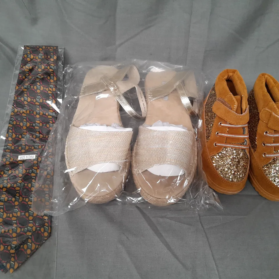 BOX OF APPROXIMATELY 20 ASSORTED FOOTWEAR AND FASHION ITEMS IN VARIOUS STYLES AND SIZES TO INCLUDE MULTICOLOUR TIE, KELSI SHOES, ETC