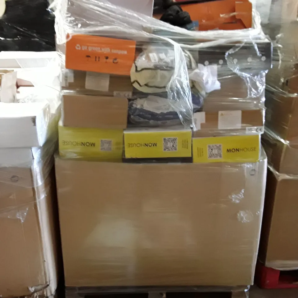 PALLET CONTAINING AN ASSORTMENT OF HOUSEHOLD ITEMS TO INCLUDE HEATED FOOT WARMER, SMART HEATED VEST AND ELECTRIC BLANKETS ECT