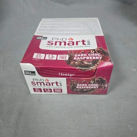 SEALED PHD SMART PROTEIN BARS IN DARK CHOC RASPBERRY - 12X64G