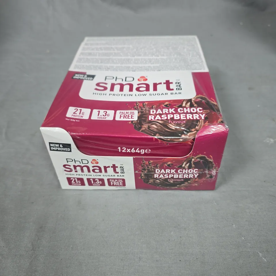 SEALED PHD SMART PROTEIN BARS IN DARK CHOC RASPBERRY - 12X64G