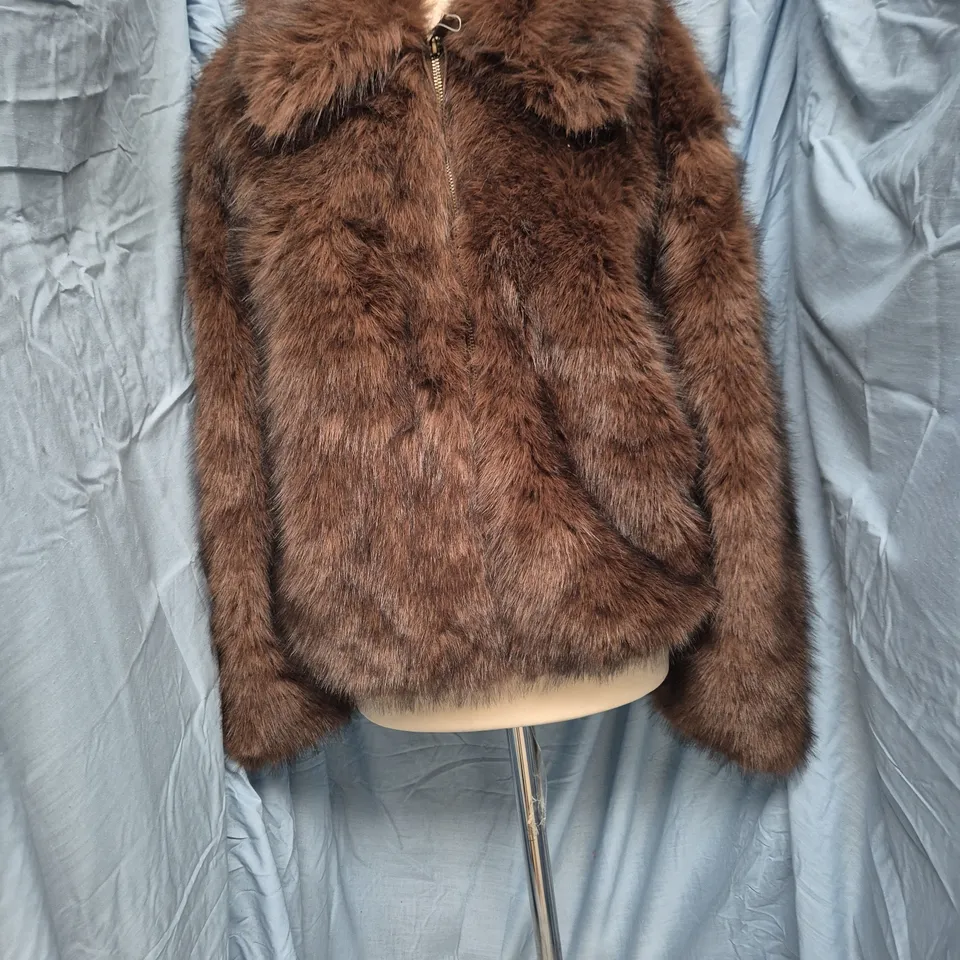 BROWN FUR-STYLE COAT, UK 12-14 (EU 40-42) – MEDIUM